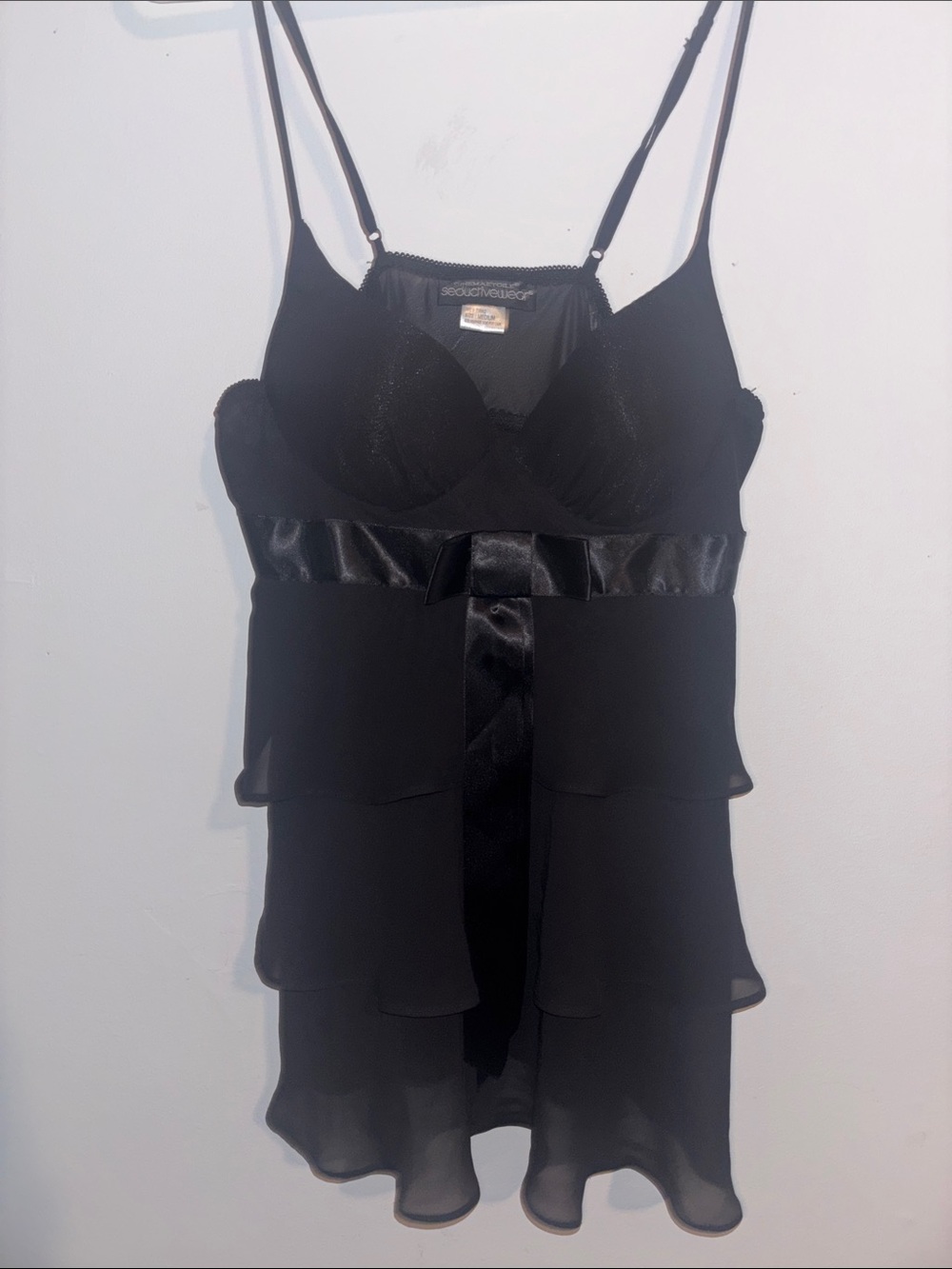 Cinema Etoile Black Satin-Trim Tiered Camisole Lingerie Top - Seductivewear